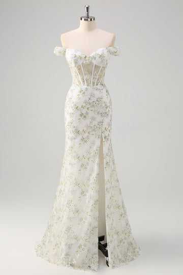 Light Green Floral Embroidery Corset Off the Shoulder Mermaid Prom Dress with Slit